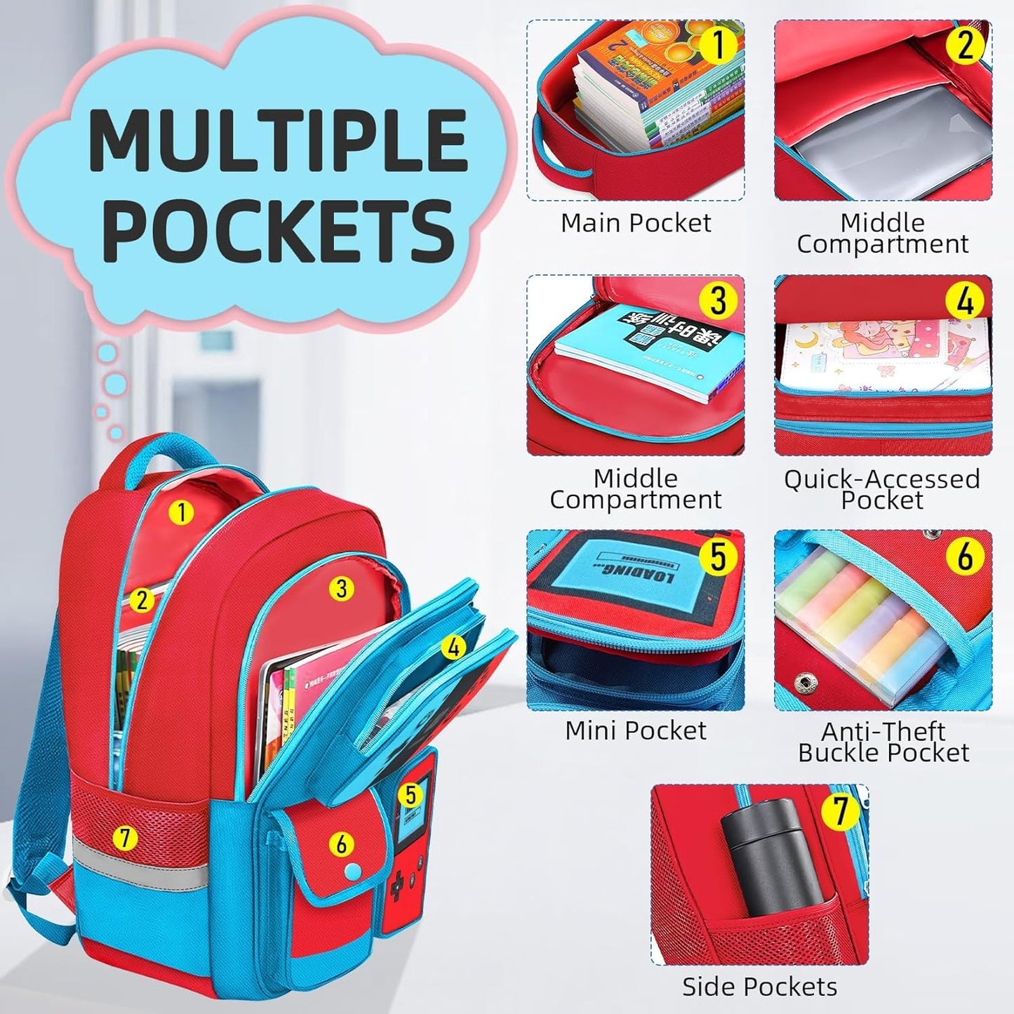 Stylish Gamer Backpack for Kids: 17" Video Game Bag with Red & Blue Accents - Perfect for Elementary & Middle School Students