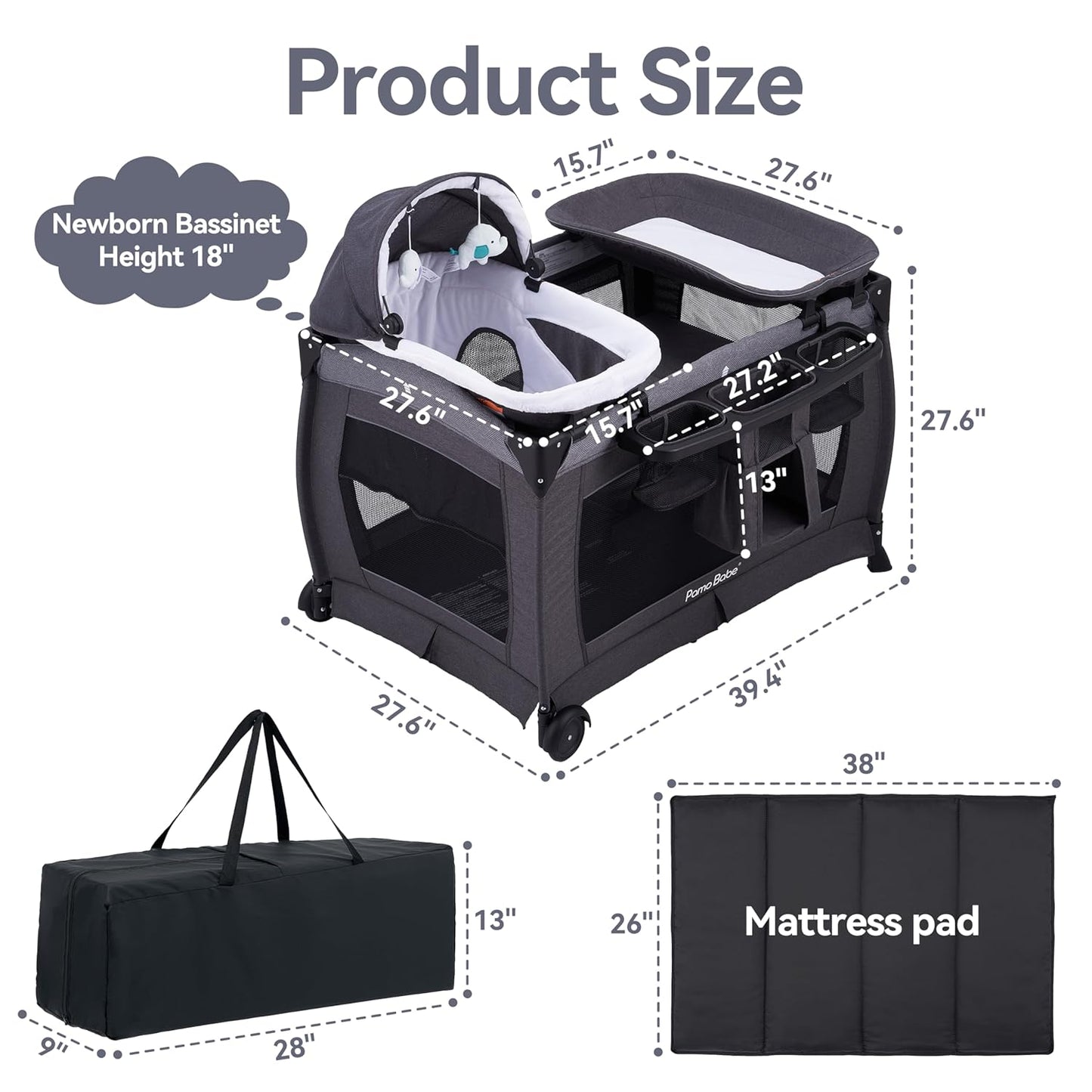 Premium Black Baby Center: Foldable Playard, Bassinet, Changing Table & Mattress for Infants