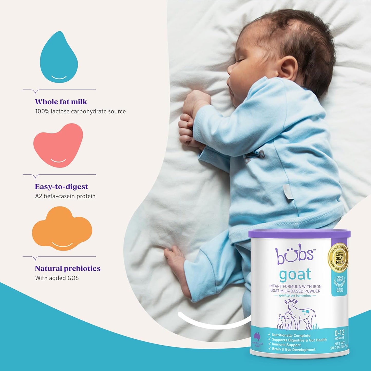 Bubs Whole Goat Milk Iron-Fortified Formula, Premium Goat Milk Powder for Babies 0-12 Months, No GMOs, 20 oz.