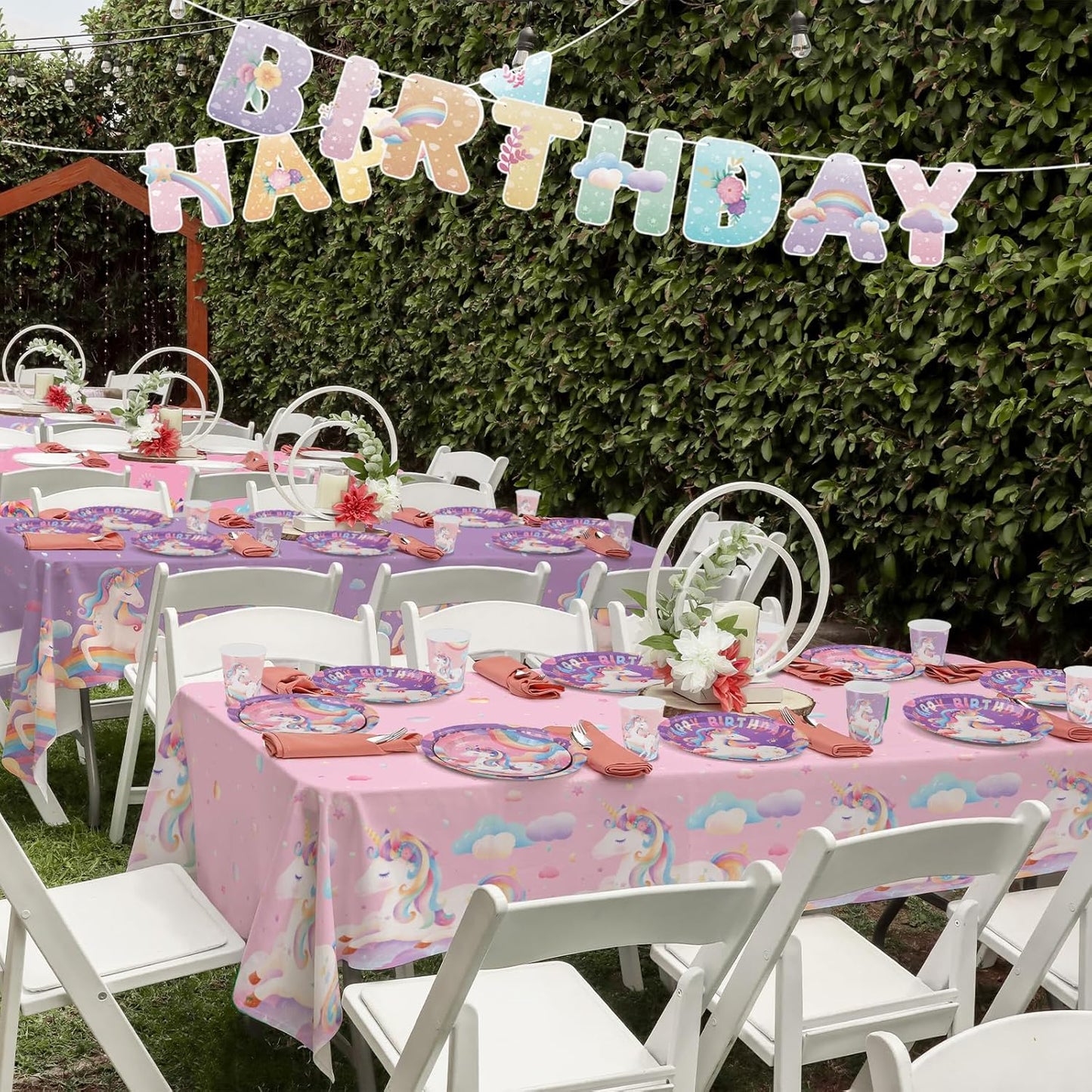 Unicorn Birthday Party Supplies Kit for 24 Guests: Dinner & Dessert Plates, Napkins, Cups, Banner, and Tablecloth.