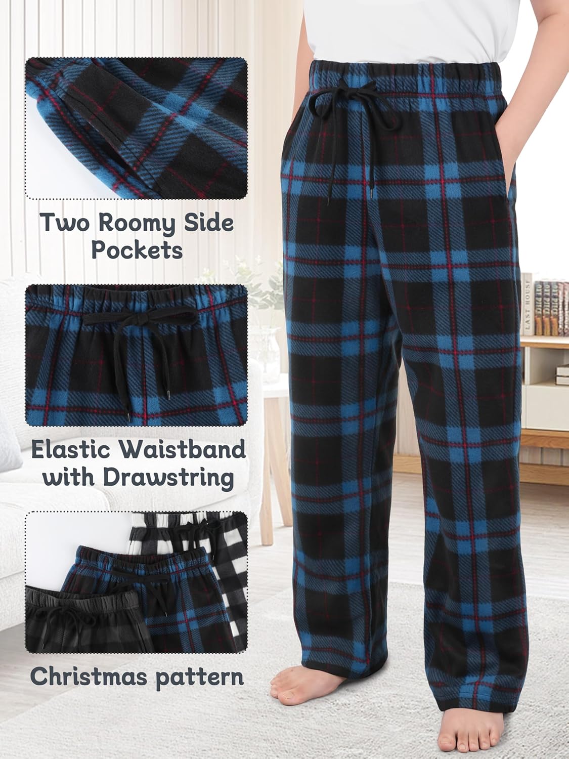 IHU 3 Pack Boys Pajama Pants Kids Micro Fleece Pj Bottoms Sleepwear Plaid Lounge Pant with Drawstring Pockets Boy Clothes