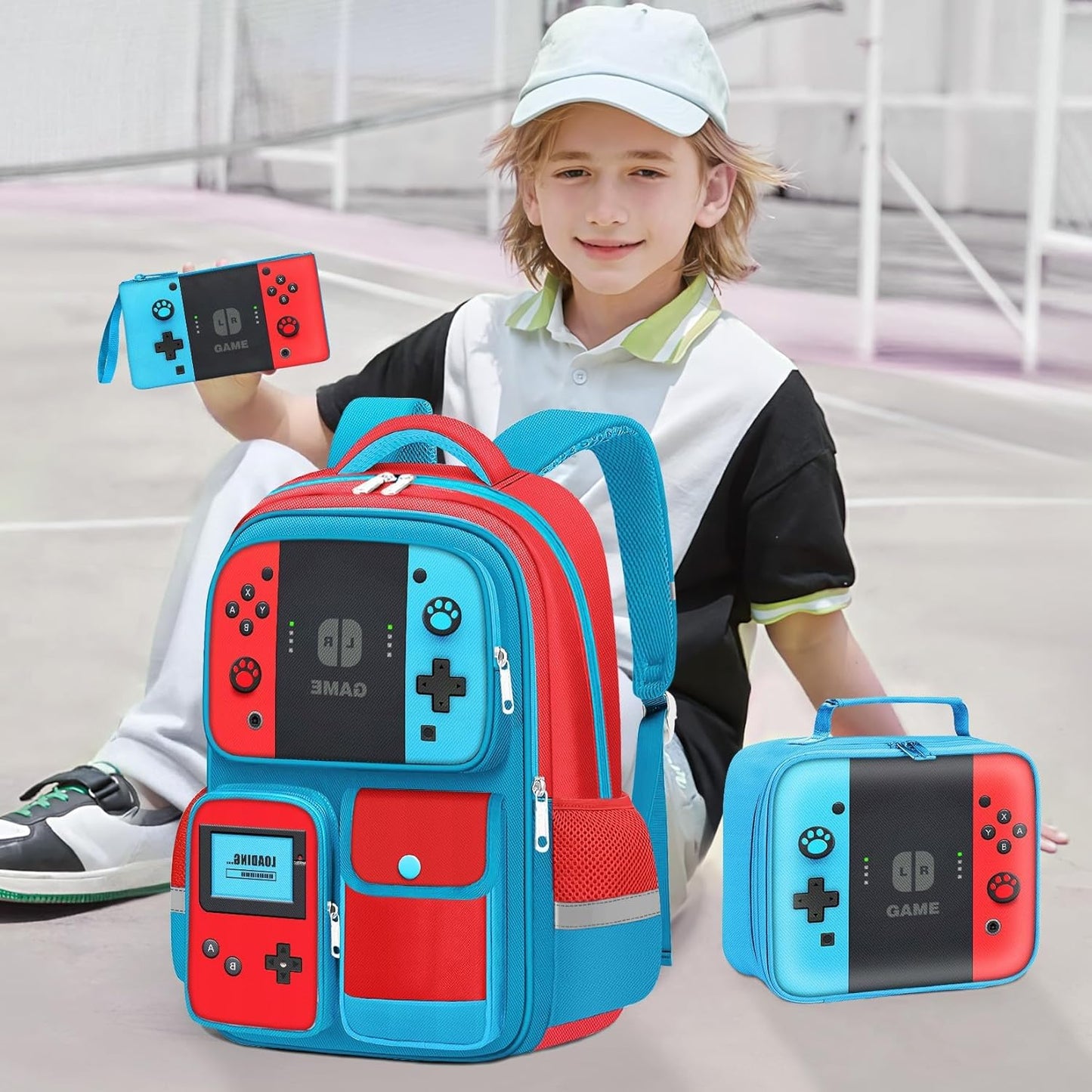 Stylish Gamer Backpack for Kids: 17" Video Game Bag with Red & Blue Accents - Perfect for Elementary & Middle School Students