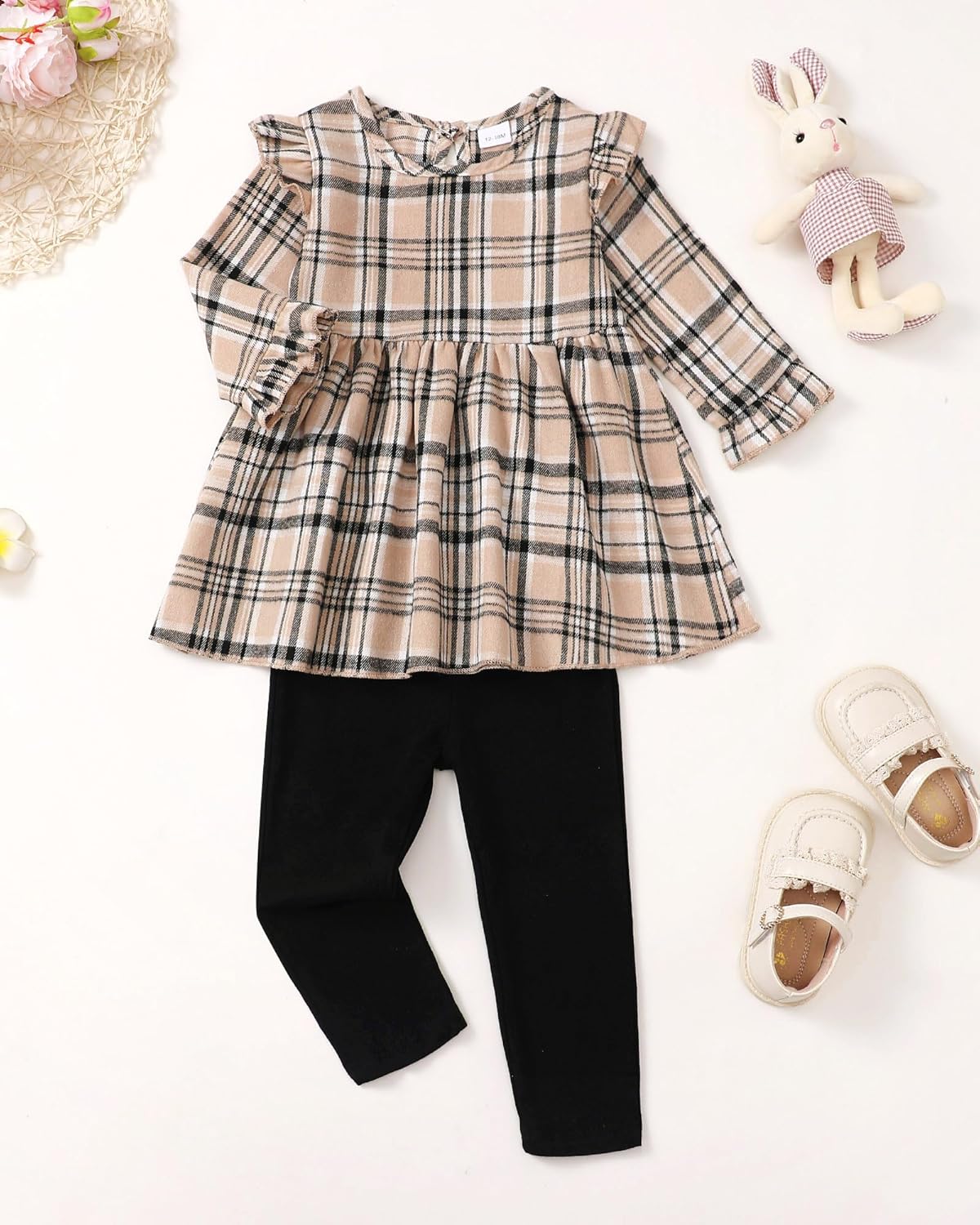 Girls' 2-Piece Set: Autumn/Winter Plaid Long Sleeves w/Ruffles | Size: 12 Months-4T