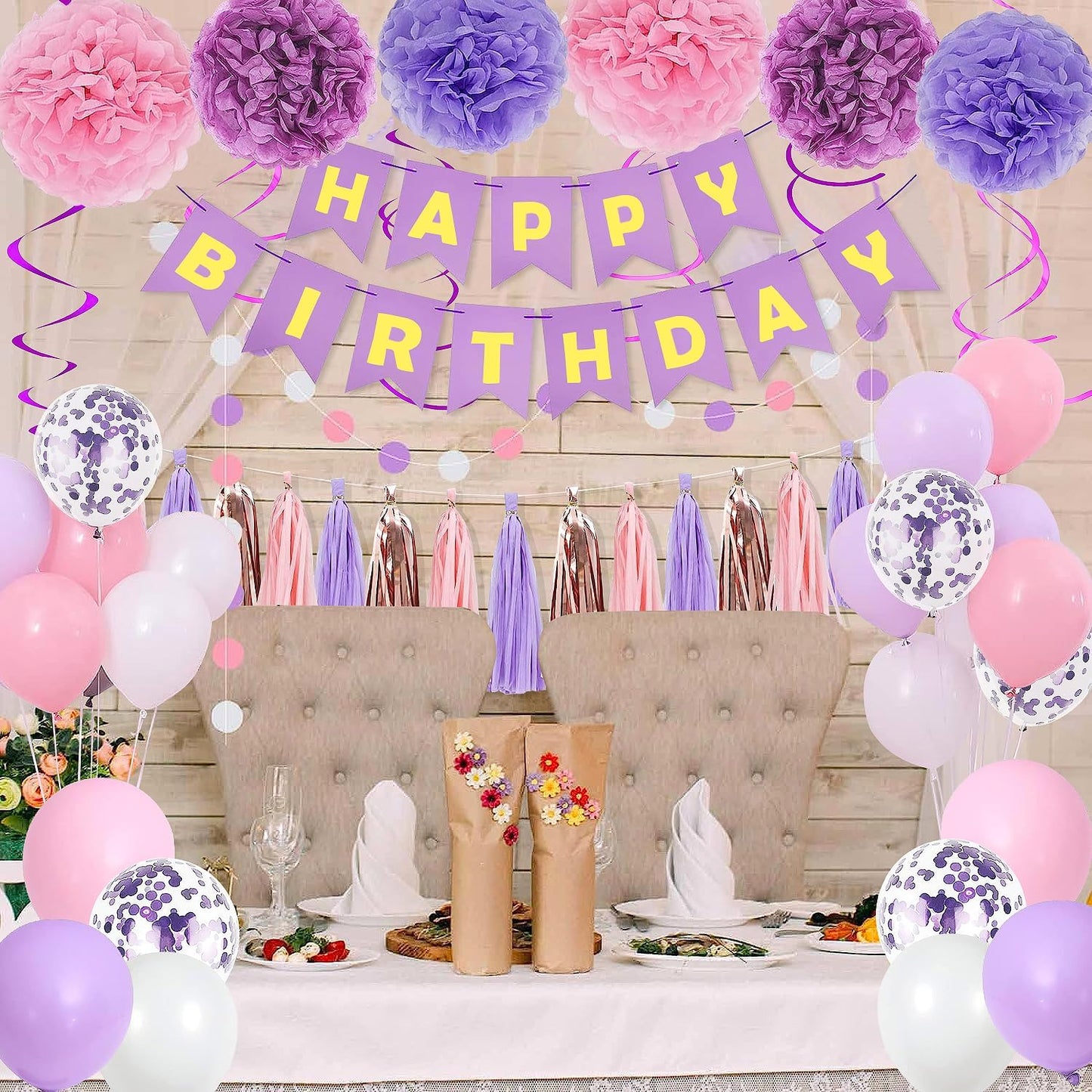 Purple & Pink Party Decorations: Birthday Banner, Hanging Swirls, Tissue Pompoms, Circular Dot Garland, Fringe Garland.