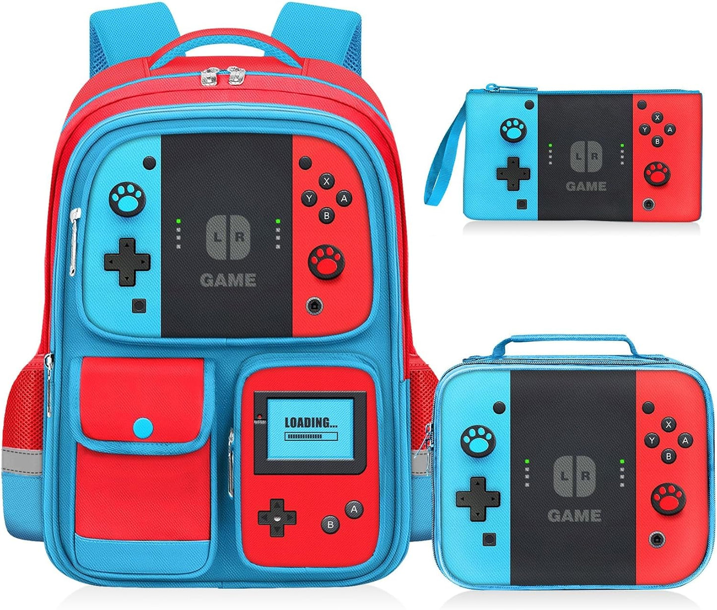 Stylish Gamer Backpack for Kids: 17" Video Game Bag with Red & Blue Accents - Perfect for Elementary & Middle School Students