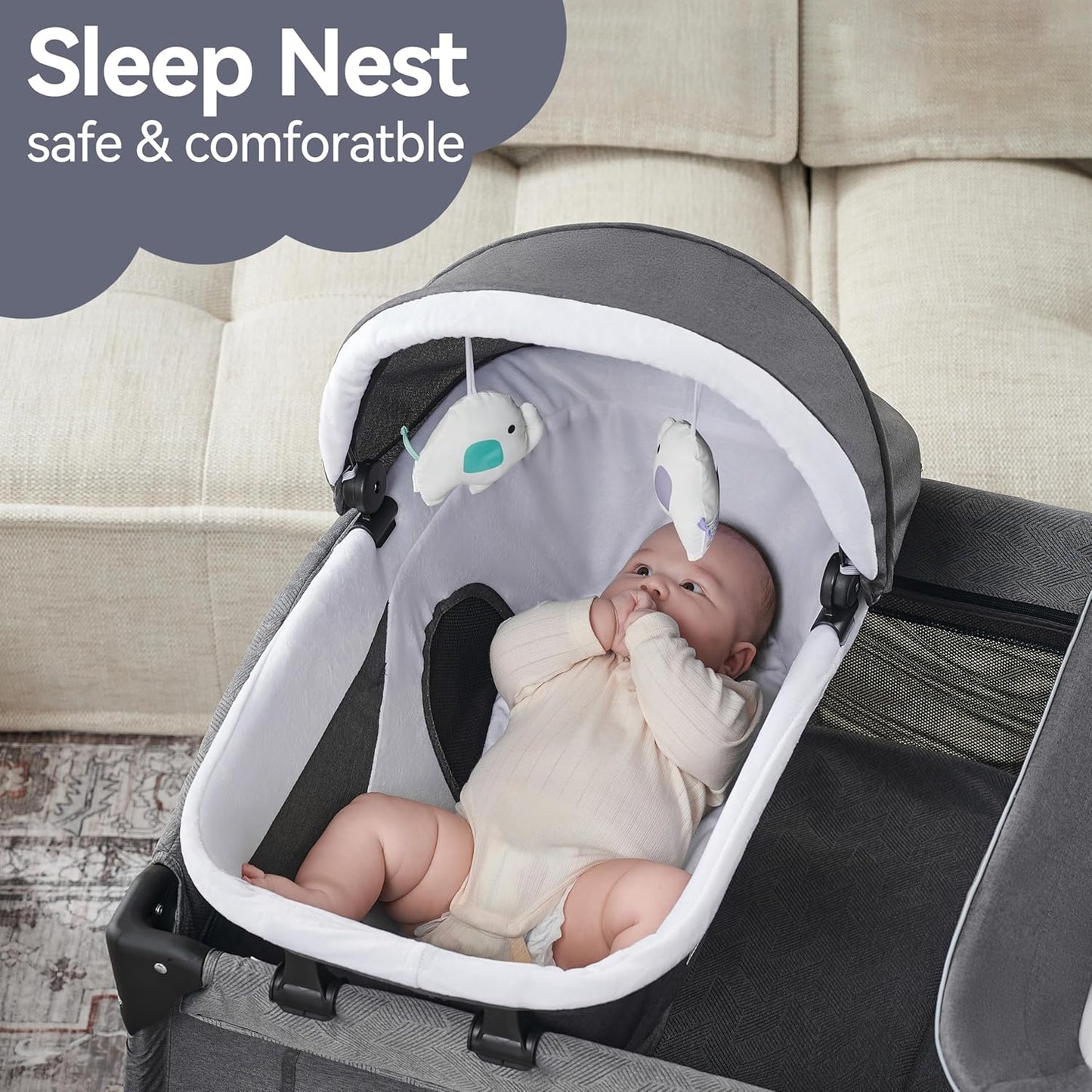 Premium Black Baby Center: Foldable Playard, Bassinet, Changing Table & Mattress for Infants