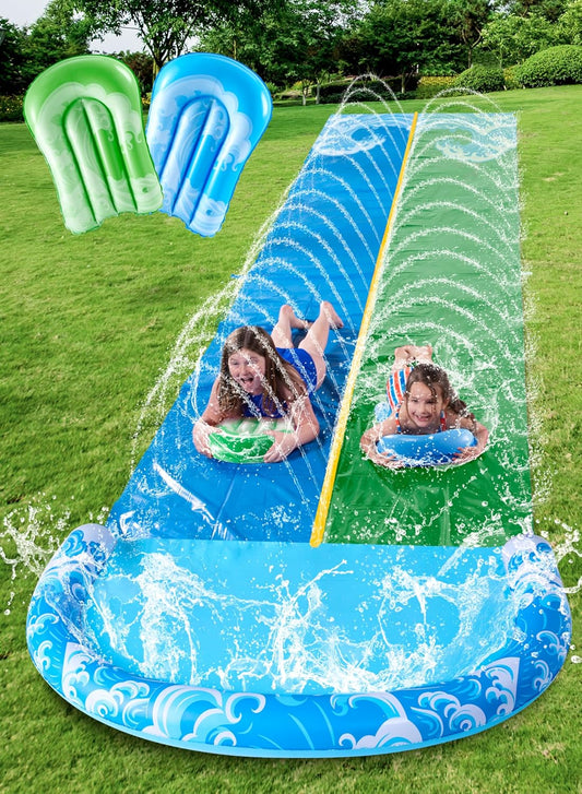 JOYIN 22.5FT Water Slide and 2 Inflatable Boards, Extra Long Heavy Duty Double Lawn Waterslide with Sprinkler for Kids Adults Backyard Summer Water Toy Outdoor Fun, Blue, Green