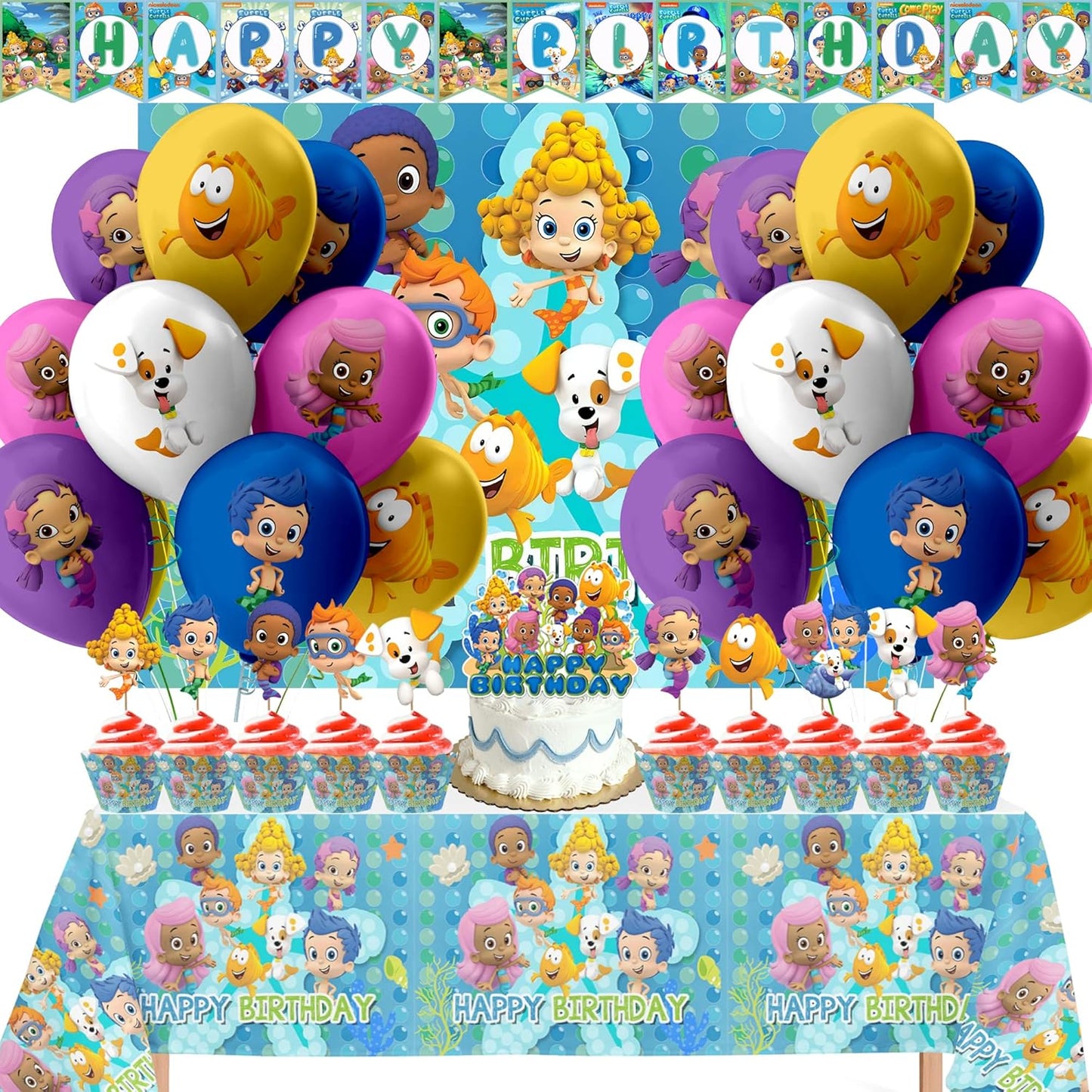 Nelton Birthday Party Supplies: Bubble Backdrop, Banner, Cake Decor, 20 Cupcake Picks, 20 Balloons, Tablecloth