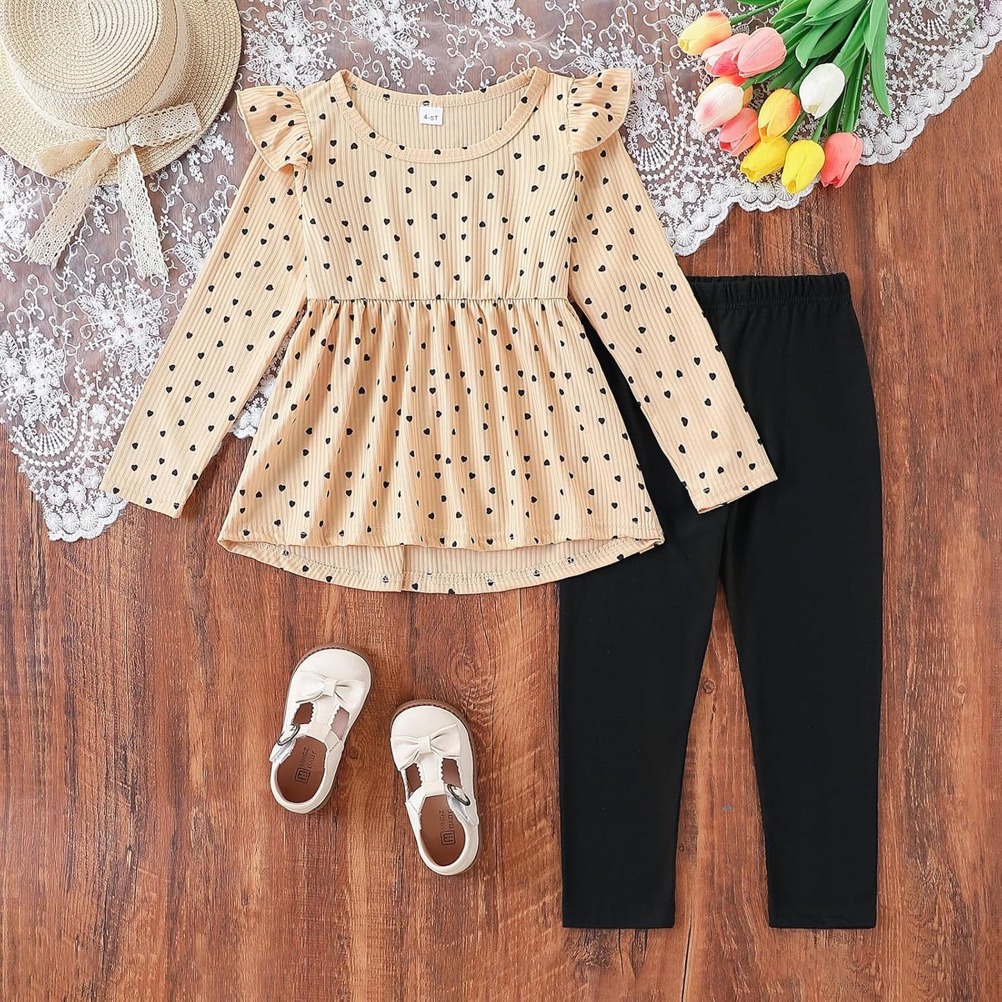 Toddler Girl Clothes Ruffle Long Sleeve Heart Print Tops and Pants 2PC Little Girl Winter Outfits Size (4-7T)