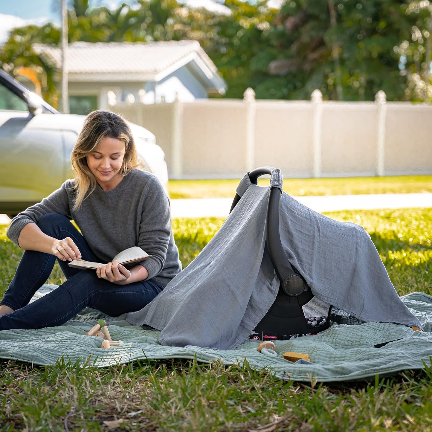 Best-Selling Premium Baby Car Seat Cover - Soft, Breathable Bamboo Rayon-Cotton Blend, Lightweight Canopy for Sun Protection & Insect Shield, Comfy Cubs