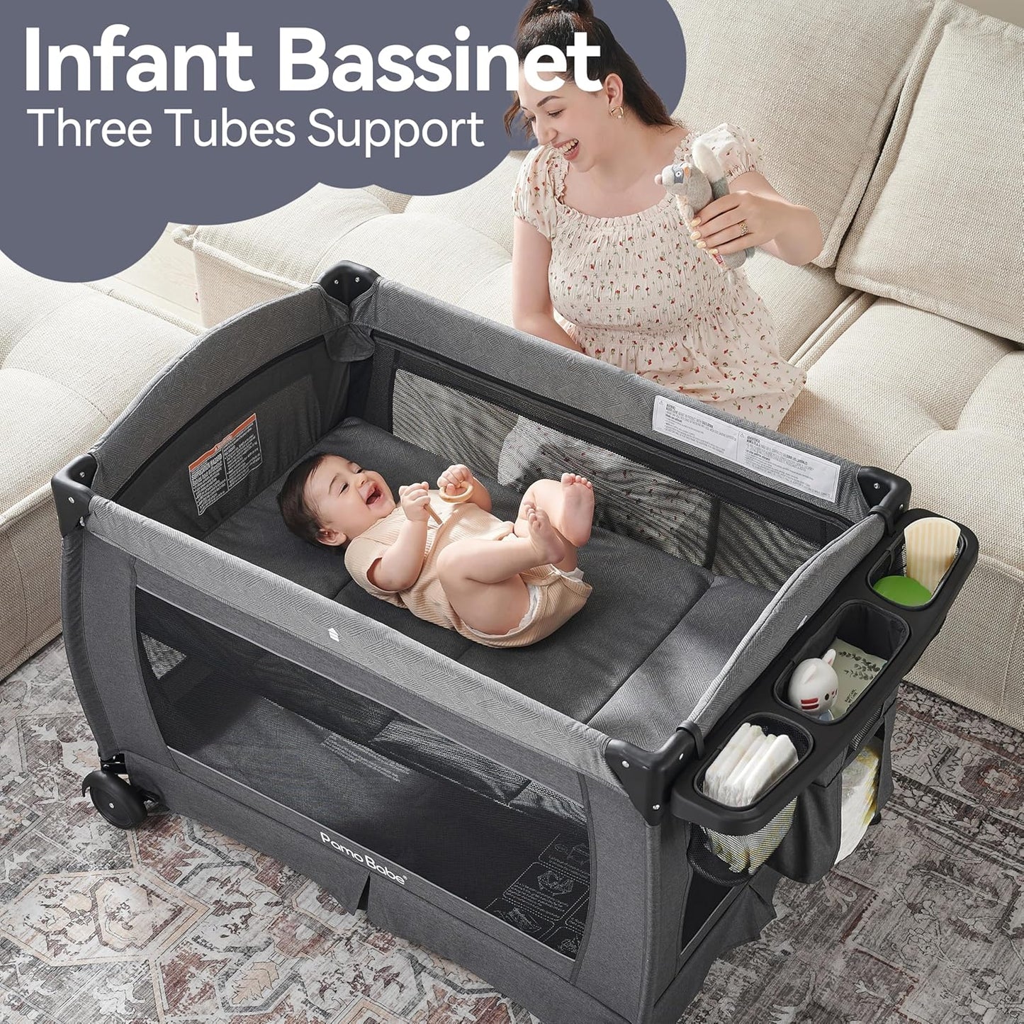 Premium Black Baby Center: Foldable Playard, Bassinet, Changing Table & Mattress for Infants