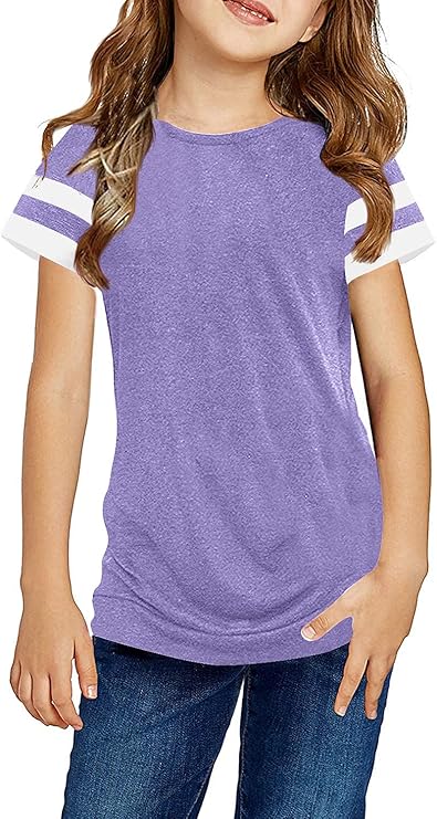Ebifin Girls Casual Short/Long Sleeve T Shirts Kids Loose Soft Striped Color Block Tunic Tops, Tees Blouses Size 4-15 Years