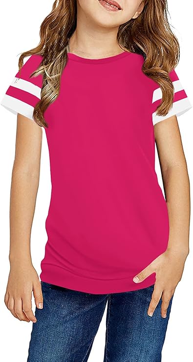 Ebifin Girls Casual Short/Long Sleeve T Shirts Kids Loose Soft Striped Color Block Tunic Tops, Tees Blouses Size 4-15 Years