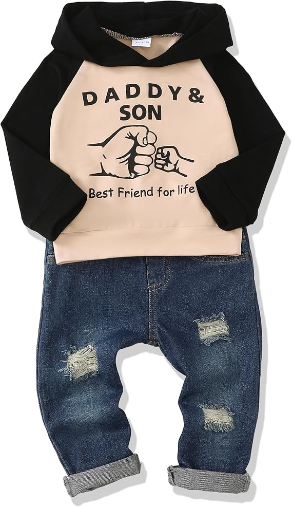 Renotemy Toddler Baby Boy Clothes Denim Outfits Infant Hooded Sweatshirt Jeans Pants Little Boys Clothing