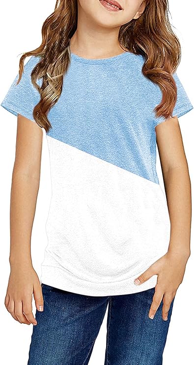 Ebifin Girls Casual Short/Long Sleeve T Shirts Kids Loose Soft Striped Color Block Tunic Tops, Tees Blouses Size 4-15 Years