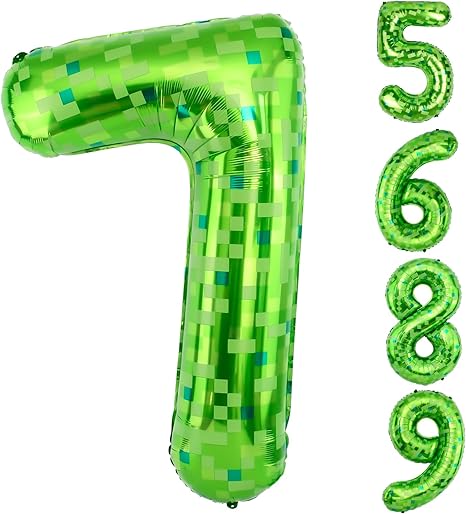 40inch Pixel Miner Green Themed Giant Balloons, Metallic Paper Balloons, Numerical Balloon Set (1-9) for Anniversary Decorations.