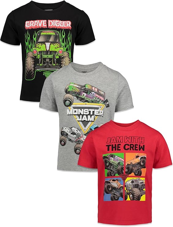 Monster Jam 3-Pack Kids' T-Shirts: Grave Digger, El Toro Loco, Monster Mutt