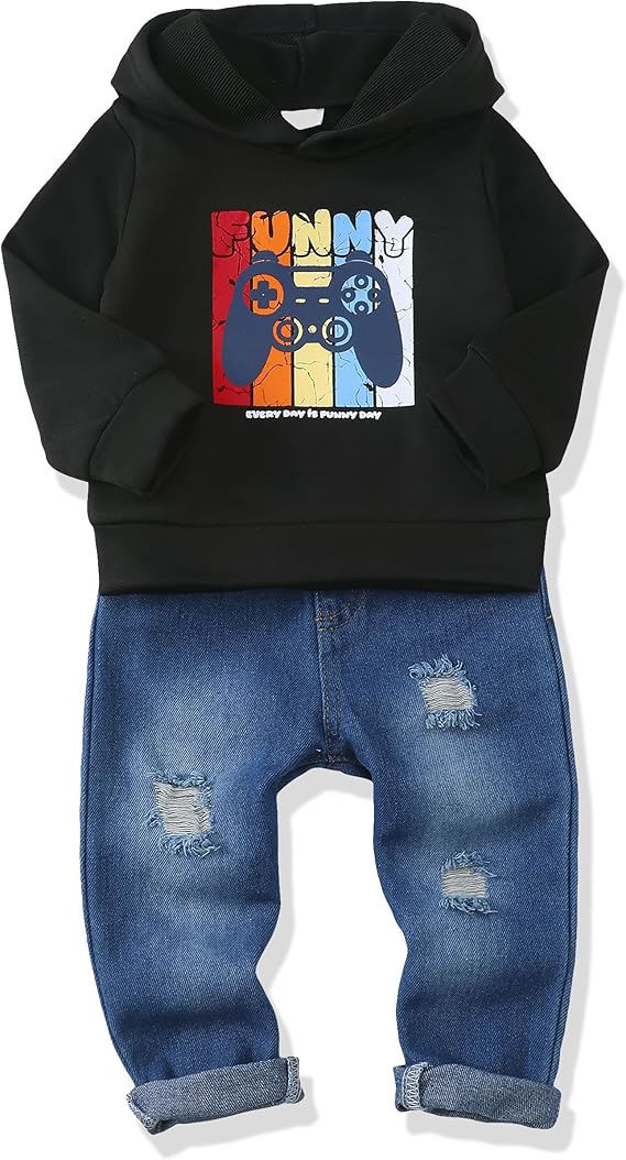 Renotemy Toddler Baby Boy Clothes Denim Outfits Infant Hooded Sweatshirt Jeans Pants Little Boys Clothing