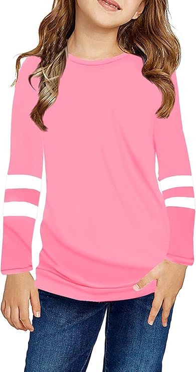 Ebifin Girls Casual Short/Long Sleeve T Shirts Kids Loose Soft Striped Color Block Tunic Tops, Tees Blouses Size 4-15 Years