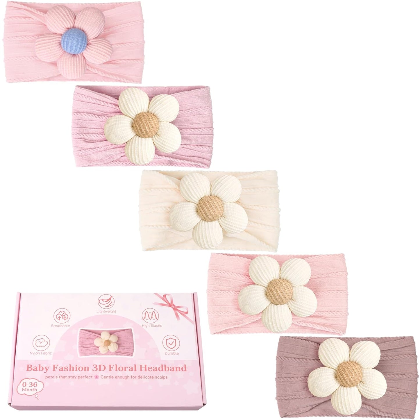 CÉLLOT 5 Pcs Baby Flower Headbands Baby Girls Nylon Headbands Soft Hairbands Hair Accessories for Newborn Infant Toddler Kids