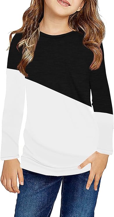 Ebifin Girls Casual Short/Long Sleeve T Shirts Kids Loose Soft Striped Color Block Tunic Tops, Tees Blouses Size 4-15 Years