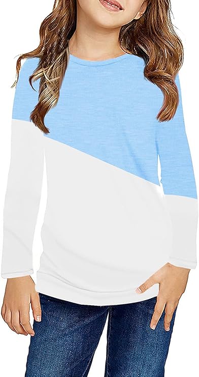 Ebifin Girls Casual Short/Long Sleeve T Shirts Kids Loose Soft Striped Color Block Tunic Tops, Tees Blouses Size 4-15 Years