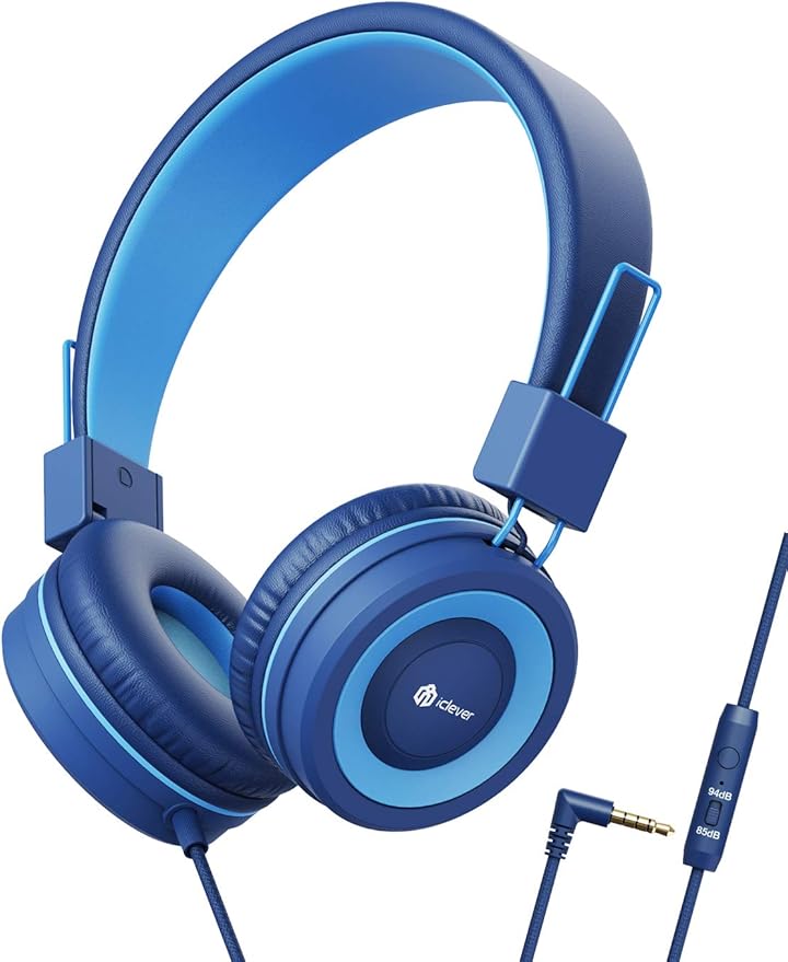 iClever Kids Headphones for School Travel, Safe Volume Limited, HD Mic Stereo Sound Over-Ear Girls Boys Headphones for Kid, FunShare Foldable 3.5mm Wired for iPad Computer, HS19