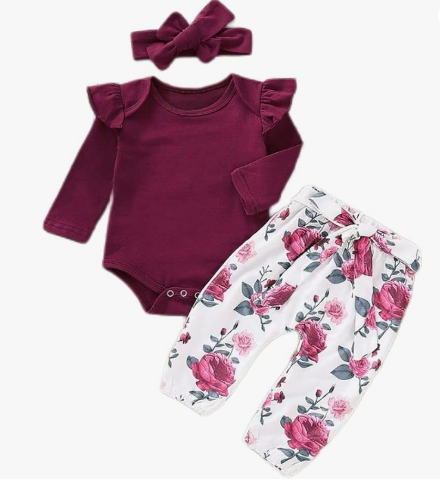 Premium Baby Essentials: Long-Sleeve Jumpsuit with Ruffles, Floral Pants, & Headband Set