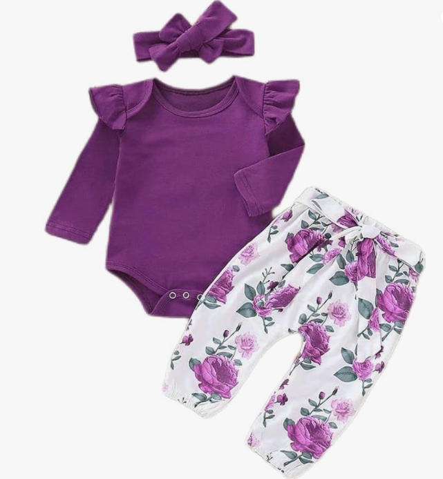 Premium Baby Essentials: Long-Sleeve Jumpsuit with Ruffles, Floral Pants, & Headband Set