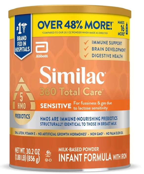 Similac Sensitive Infant Formula: 360 Total Care for Gas & Fussiness from Lactose Sensitivity. Includes 5 Prebiotic HMOs, No GMOs. 20.1 oz Powder Can.