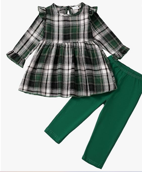 Girls' 2-Piece Set: Autumn/Winter Plaid Long Sleeves w/Ruffles | Size: 12 Months-4T