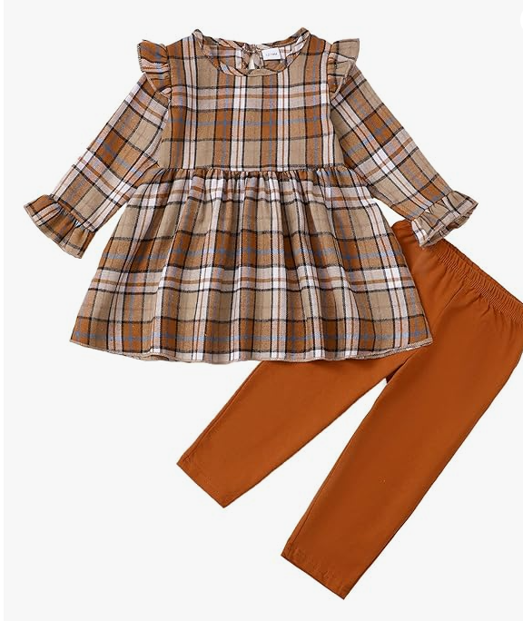 Girls' 2-Piece Set: Autumn/Winter Plaid Long Sleeves w/Ruffles | Size: 12 Months-4T