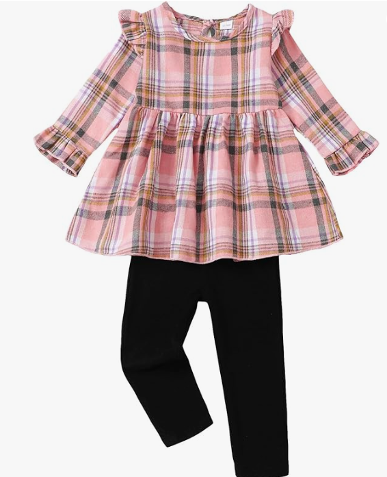 Girls' 2-Piece Set: Autumn/Winter Plaid Long Sleeves w/Ruffles | Size: 12 Months-4T