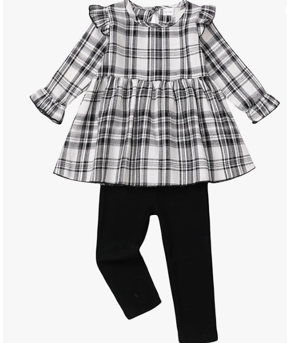 Girls' 2-Piece Set: Autumn/Winter Plaid Long Sleeves w/Ruffles | Size: 12 Months-4T