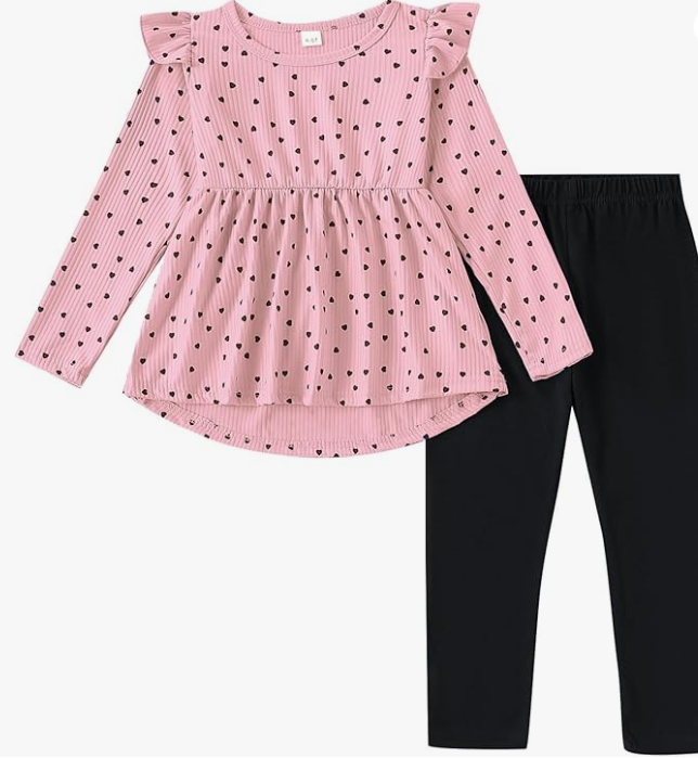 Toddler Girl Clothes Ruffle Long Sleeve Heart Print Tops and Pants 2PC Little Girl Winter Outfits Size (4-7T)