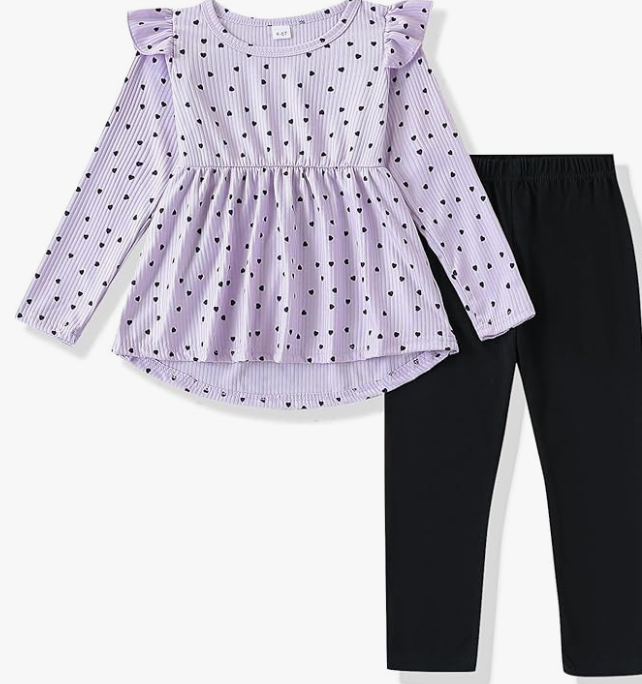 Toddler Girl Clothes Ruffle Long Sleeve Heart Print Tops and Pants 2PC Little Girl Winter Outfits Size (4-7T)