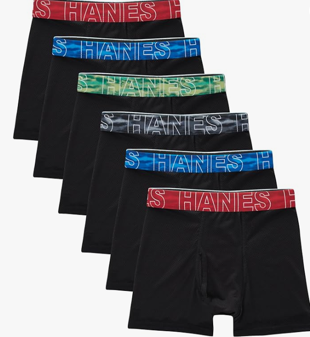 Hanes Boys' Big Performance Tween Boxer Brief Pack, X-Temp Mesh Stretch Underwear, Black, 6-Pack