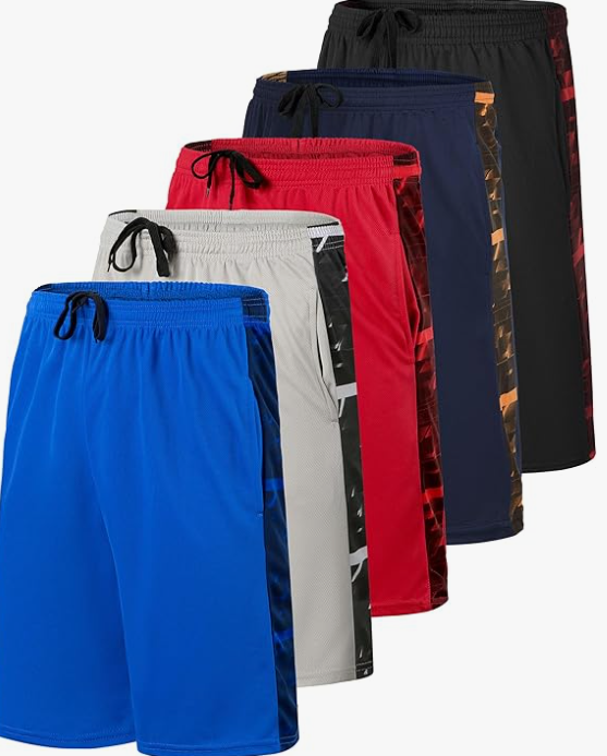 Kids' Real Essentials Basketball Shorts Set of 5 - Mesh, Elastic Waist, Side Pockets