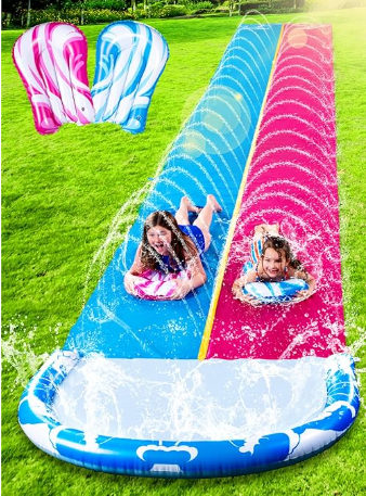 JOYIN 22.5FT Water Slide and 2 Inflatable Boards, Extra Long Heavy Duty Double Lawn Waterslide with Sprinkler for Kids Adults Backyard Summer Water Toy Outdoor Fun, Blue, Green