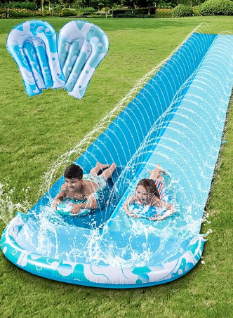 JOYIN 22.5FT Water Slide and 2 Inflatable Boards, Extra Long Heavy Duty Double Lawn Waterslide with Sprinkler for Kids Adults Backyard Summer Water Toy Outdoor Fun, Blue, Green