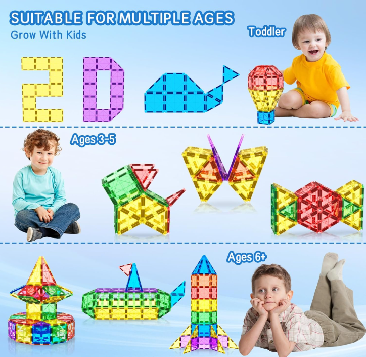 Magnetic Tiles Building Set: Montessori-Inspired, Ages 3-5, Educational Construction Toy for Kids