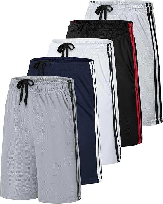 Kids' Real Essentials Basketball Shorts Set of 5 - Mesh, Elastic Waist, Side Pockets