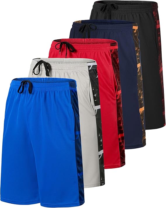 Kids' Real Essentials Basketball Shorts Set of 5 - Mesh, Elastic Waist, Side Pockets