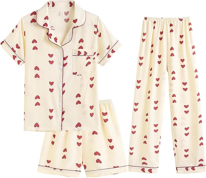 Big Girls Button Down Pajama Set 3pcs Short Sleeve Long Pants with Shorts Crepe Wrinkled Fabric Sleepwear Nighty
