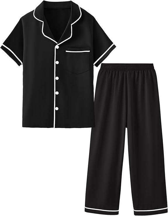 Mikrdoo Silk Pajamas for Girls 2-Piece: Short Sleeve Tops and Pants Satin PJs Fashion Sleepwear for Kids 3-14 Years
