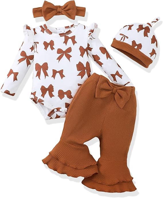 Renotemy Preemie Newborn Baby Girl Clothes Infant Romper Fall Winter Outfits Gifts for Girls Cute Bell Bottoms Pant Sets