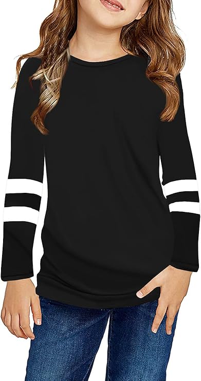 Ebifin Girls Casual Short/Long Sleeve T Shirts Kids Loose Soft Striped Color Block Tunic Tops, Tees Blouses Size 4-15 Years