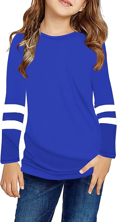 Ebifin Girls Casual Short/Long Sleeve T Shirts Kids Loose Soft Striped Color Block Tunic Tops, Tees Blouses Size 4-15 Years