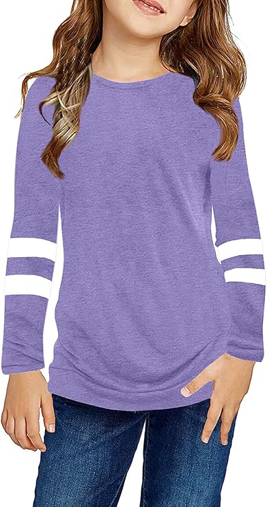 Ebifin Girls Casual Short/Long Sleeve T Shirts Kids Loose Soft Striped Color Block Tunic Tops, Tees Blouses Size 4-15 Years