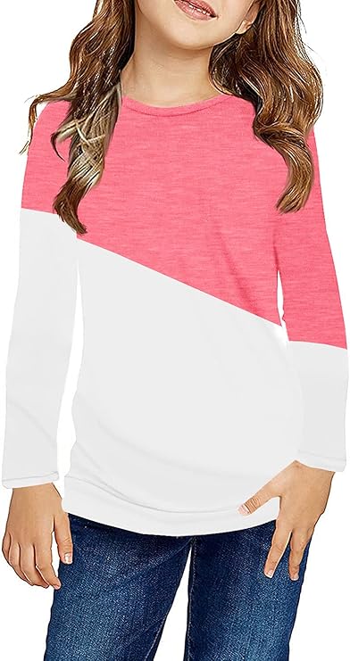 Ebifin Girls Casual Short/Long Sleeve T Shirts Kids Loose Soft Striped Color Block Tunic Tops, Tees Blouses Size 4-15 Years